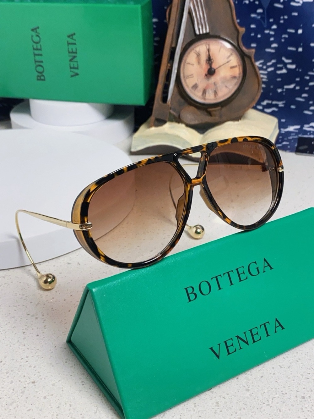 Bottega Veneta Tortoiseshell and Gold Gradient Lens Aviator Sunglasses